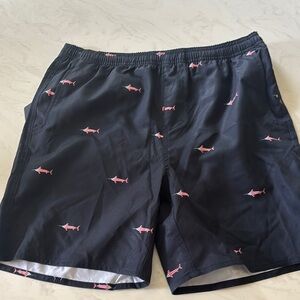Youth Shark Print Swim Shorts - Navy with American Flag Fish